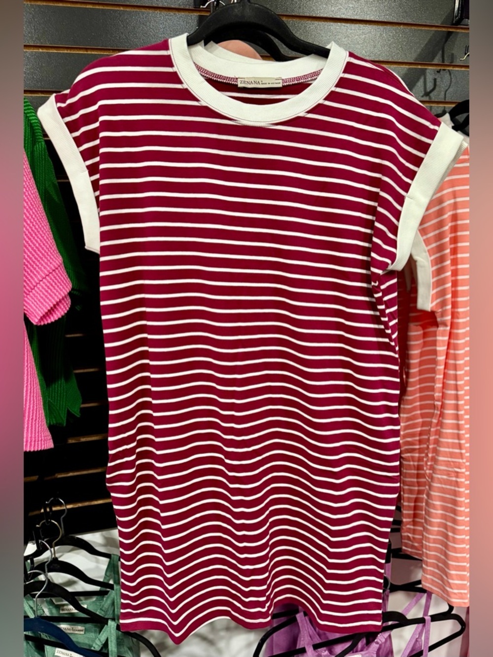 Zenana Outfitters Burgundy and White Striped Short Sleeve Tee Dress